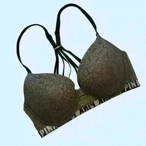Victorias Secret PINK 34D Push Up Bra Front Closure Gray Lace Spellout
